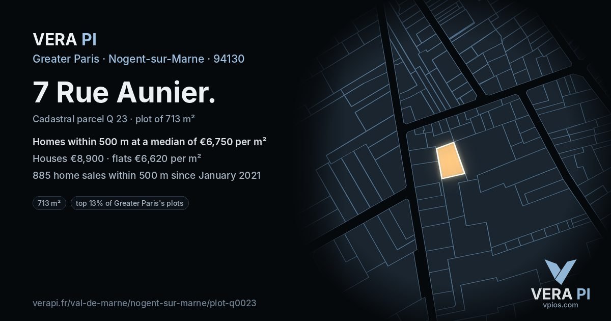 7 Rue Aunier, Nogent-sur-Marne at night – the plot lit, the parcels around coloured by the prices near them