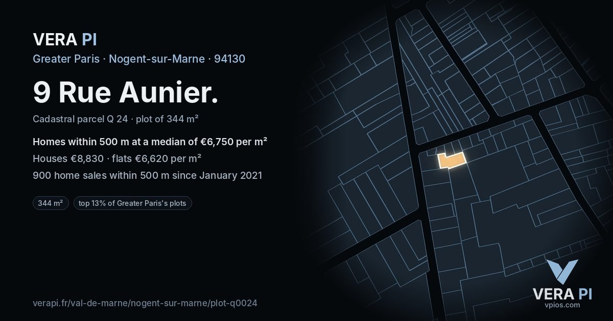9 Rue Aunier, Nogent-sur-Marne at night – the plot lit, the parcels around coloured by the prices near them