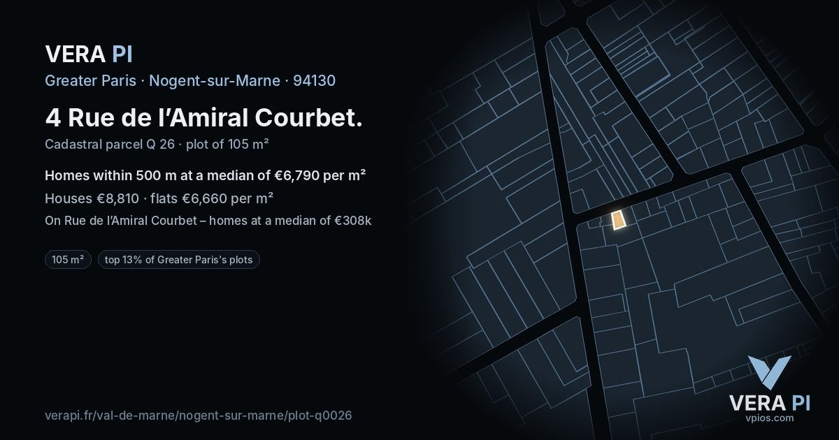 4 Rue de l’Amiral Courbet, Nogent-sur-Marne at night – the plot lit, the parcels around coloured by the prices near them