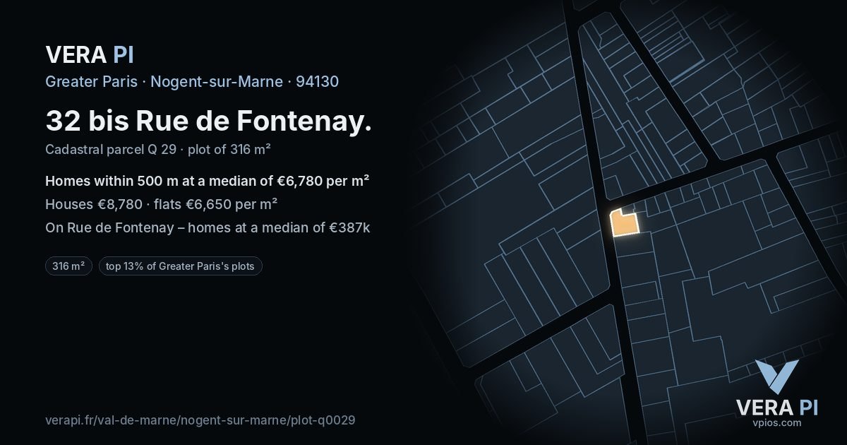 32 bis Rue de Fontenay, Nogent-sur-Marne at night – the plot lit, the parcels around coloured by the prices near them
