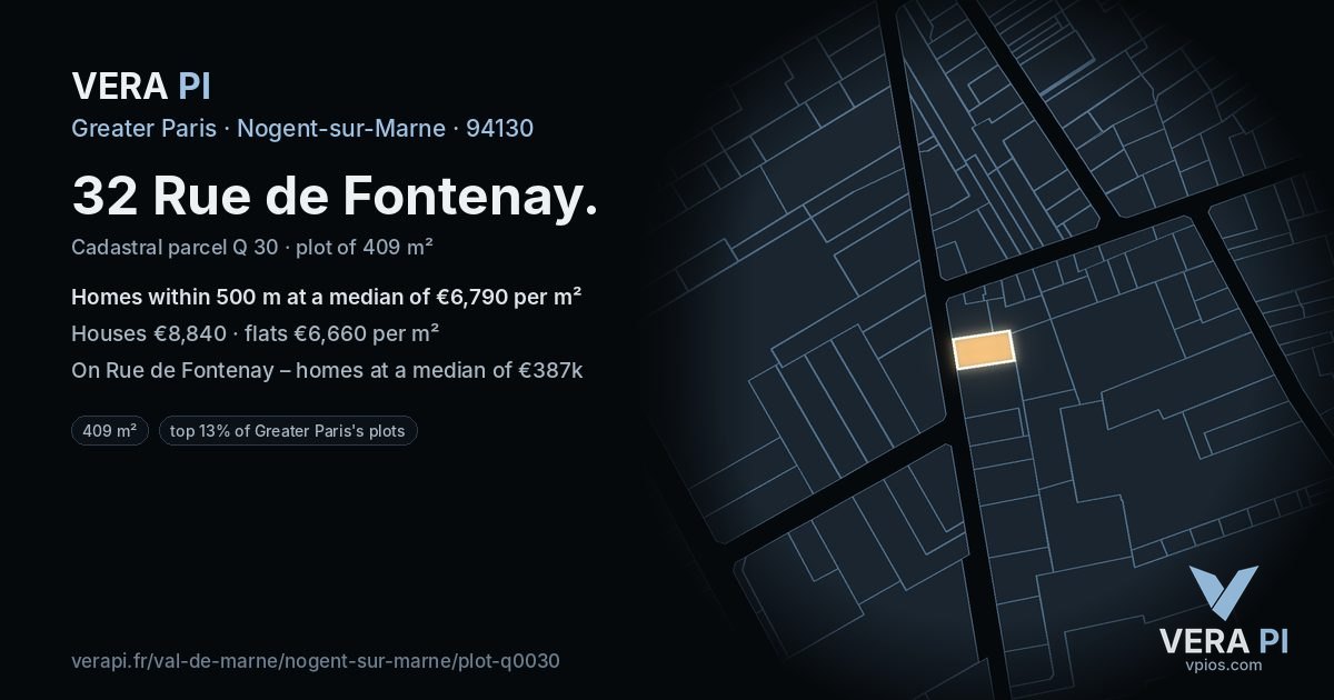 32 Rue de Fontenay, Nogent-sur-Marne at night – the plot lit, the parcels around coloured by the prices near them