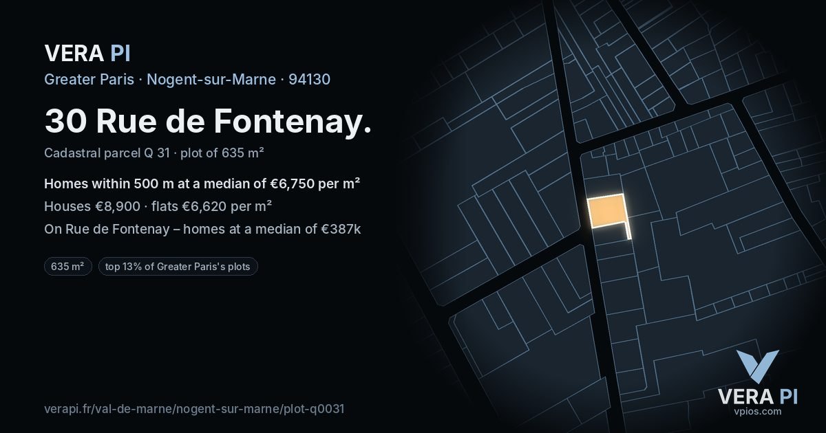30 Rue de Fontenay, Nogent-sur-Marne at night – the plot lit, the parcels around coloured by the prices near them