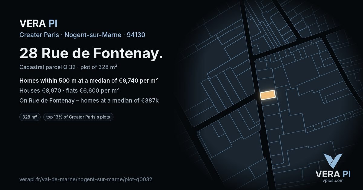 28 Rue de Fontenay, Nogent-sur-Marne at night – the plot lit, the parcels around coloured by the prices near them