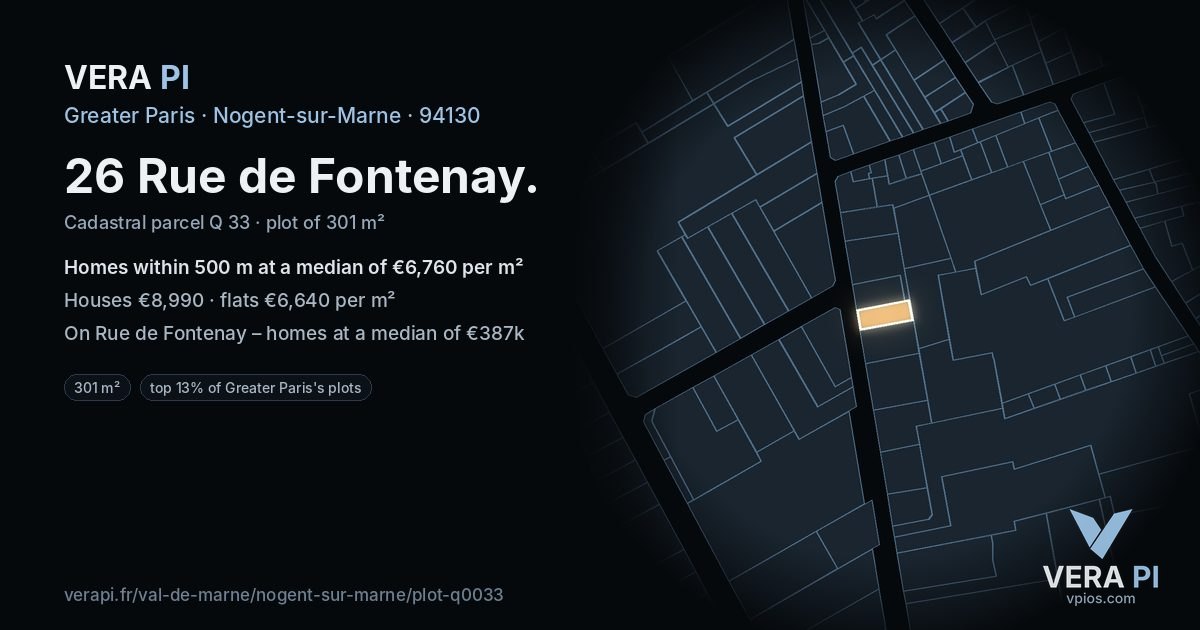 26 Rue de Fontenay, Nogent-sur-Marne at night – the plot lit, the parcels around coloured by the prices near them