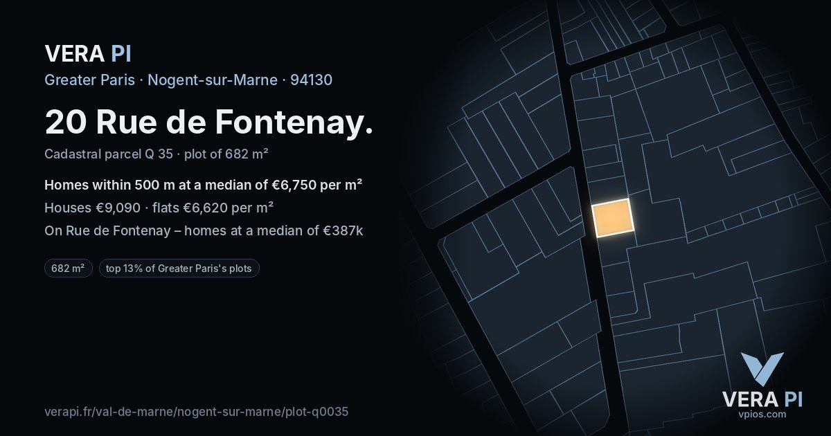 20 Rue de Fontenay, Nogent-sur-Marne at night – the plot lit, the parcels around coloured by the prices near them