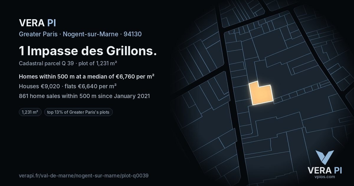 1 Impasse des Grillons, Nogent-sur-Marne at night – the plot lit, the parcels around coloured by the prices near them