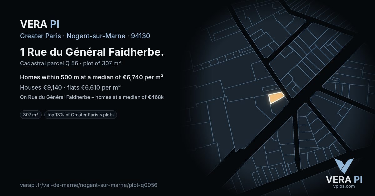 1 Rue du Général Faidherbe, Nogent-sur-Marne at night – the plot lit, the parcels around coloured by the prices near them
