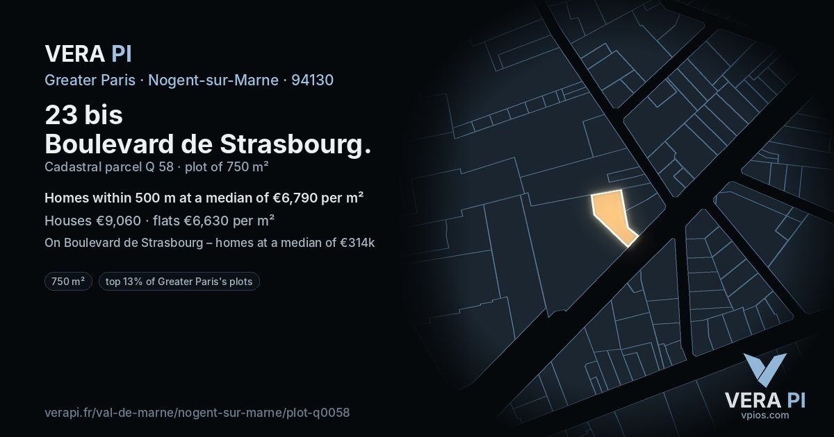23 bis Boulevard de Strasbourg, Nogent-sur-Marne at night – the plot lit, the parcels around coloured by the prices near them