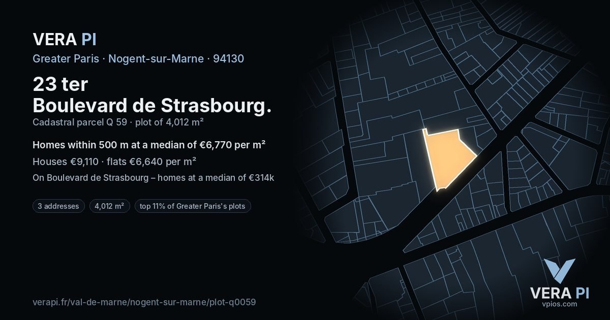 23 ter Boulevard de Strasbourg, Nogent-sur-Marne at night – the plot lit, the parcels around coloured by the prices near them