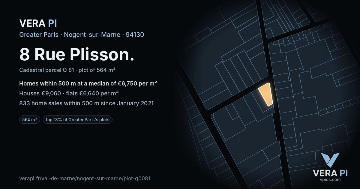 8 Rue Plisson, Nogent-sur-Marne at night – the plot lit, the parcels around coloured by the prices near them