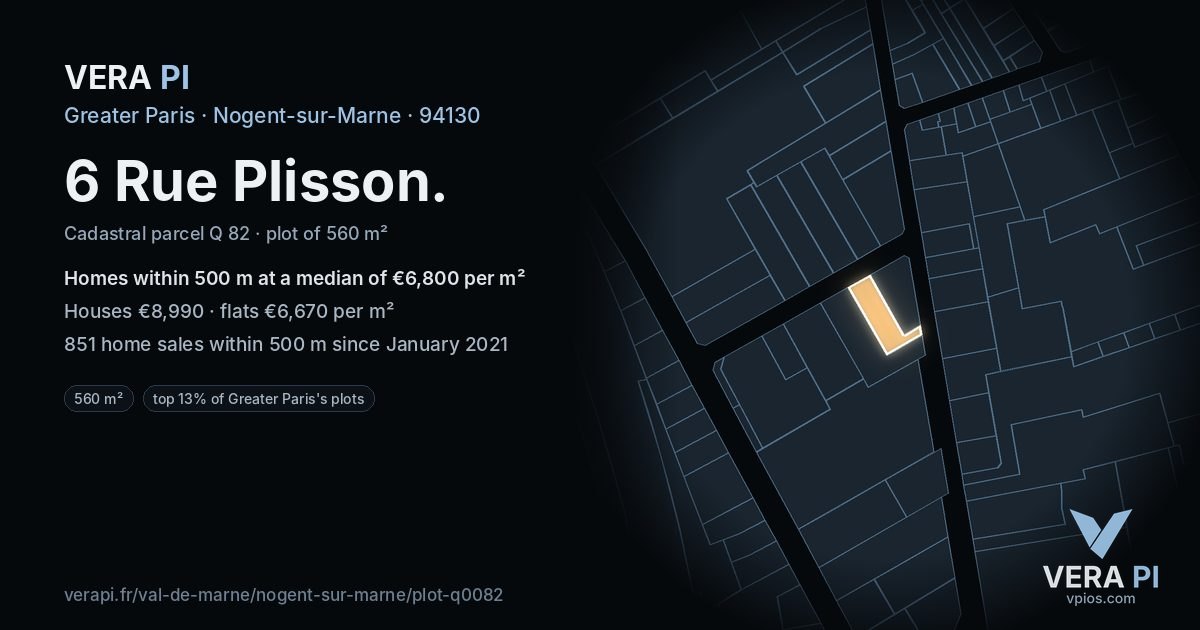 6 Rue Plisson, Nogent-sur-Marne at night – the plot lit, the parcels around coloured by the prices near them