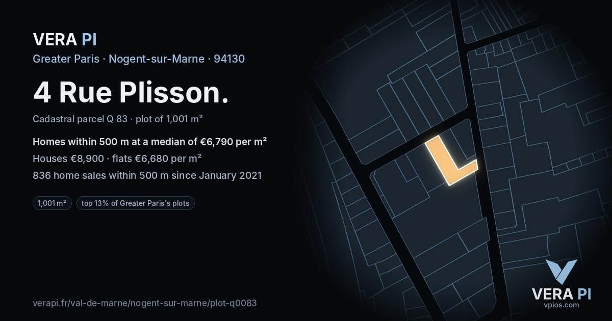 4 Rue Plisson, Nogent-sur-Marne at night – the plot lit, the parcels around coloured by the prices near them