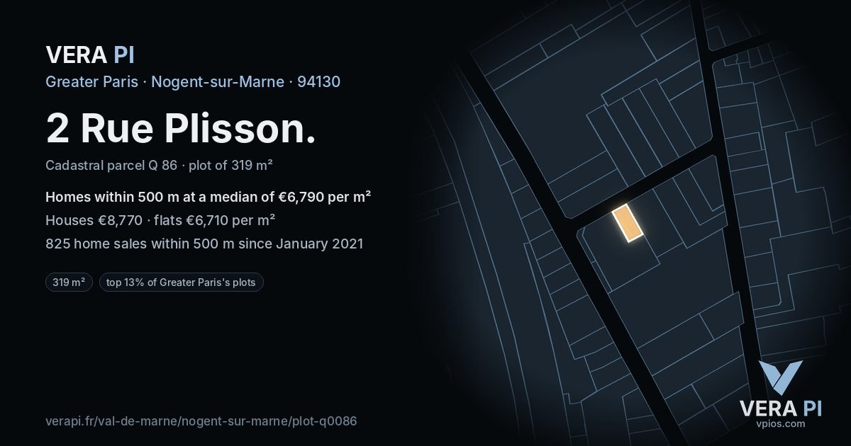 2 Rue Plisson, Nogent-sur-Marne at night – the plot lit, the parcels around coloured by the prices near them