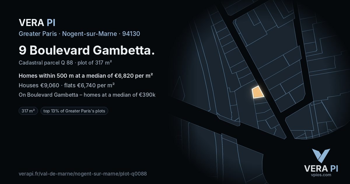 9 Boulevard Gambetta, Nogent-sur-Marne at night – the plot lit, the parcels around coloured by the prices near them