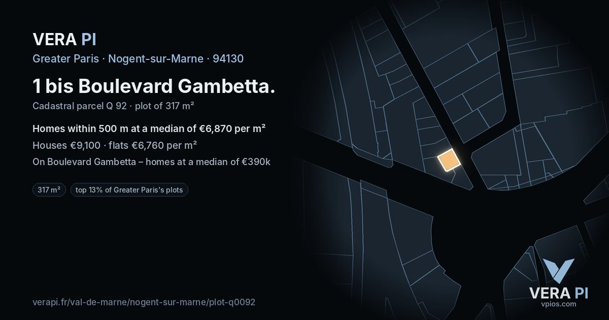 1 bis Boulevard Gambetta, Nogent-sur-Marne at night – the plot lit, the parcels around coloured by the prices near them