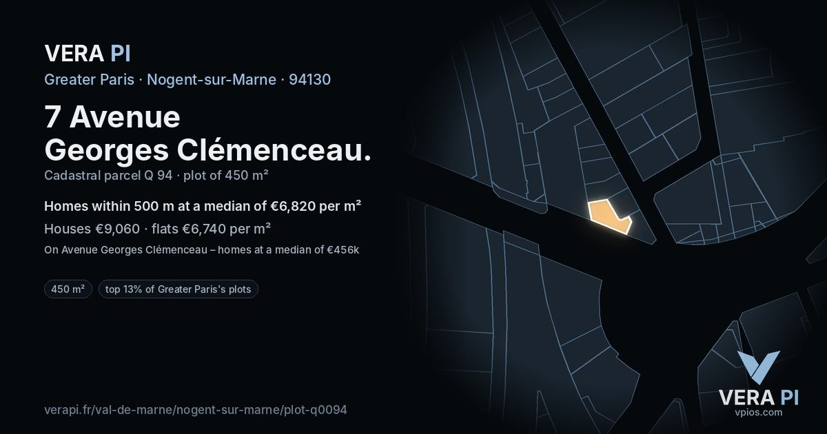 7 Avenue Georges Clémenceau, Nogent-sur-Marne at night – the plot lit, the parcels around coloured by the prices near them
