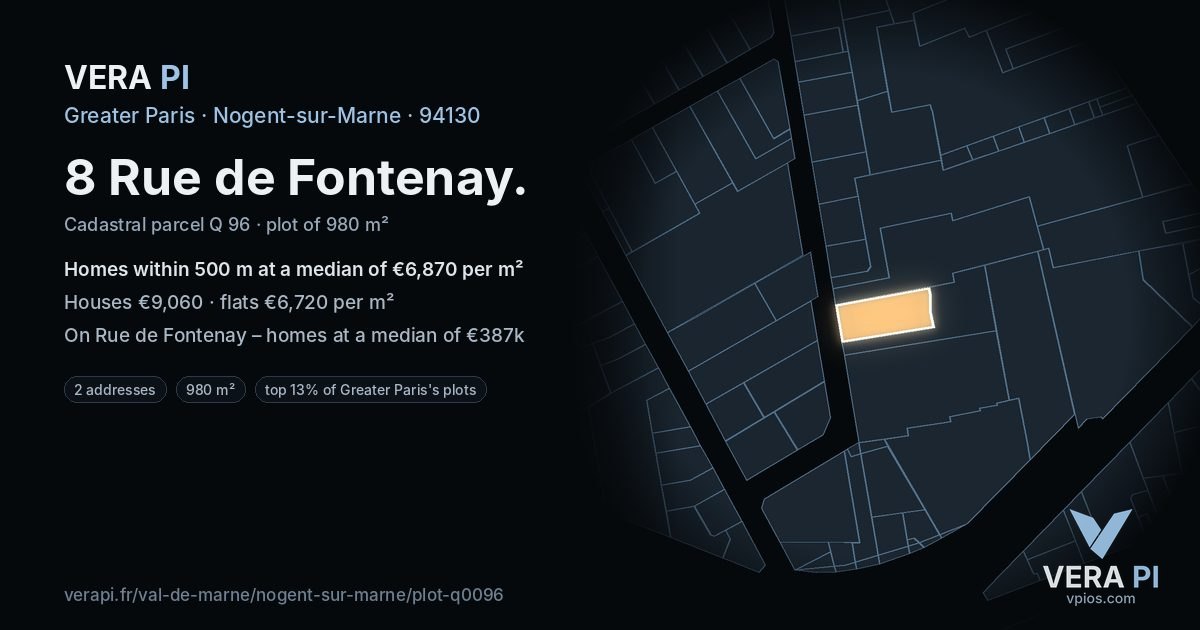 8 Rue de Fontenay, Nogent-sur-Marne at night – the plot lit, the parcels around coloured by the prices near them