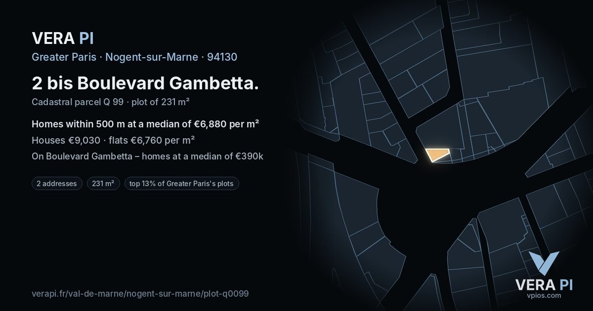 2 bis Boulevard Gambetta, Nogent-sur-Marne at night – the plot lit, the parcels around coloured by the prices near them