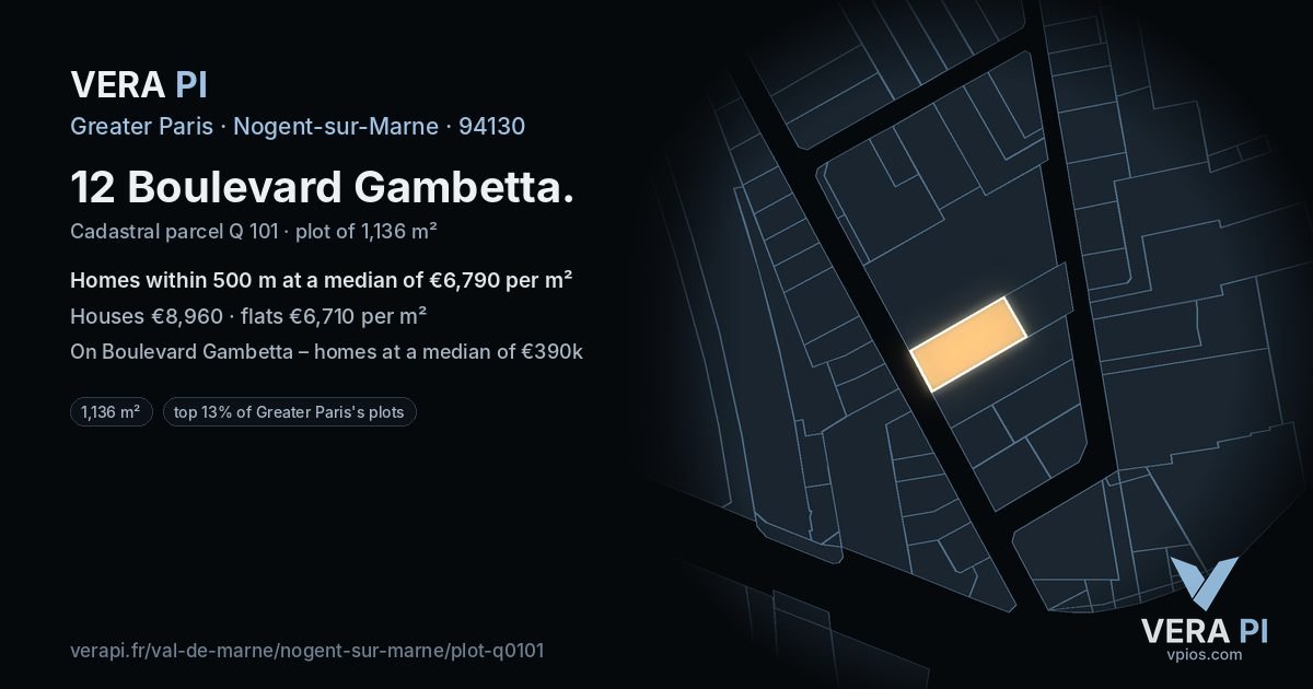 12 Boulevard Gambetta, Nogent-sur-Marne at night – the plot lit, the parcels around coloured by the prices near them