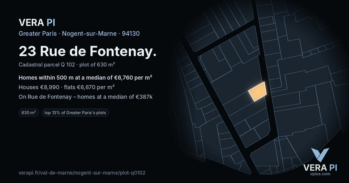 23 Rue de Fontenay, Nogent-sur-Marne at night – the plot lit, the parcels around coloured by the prices near them