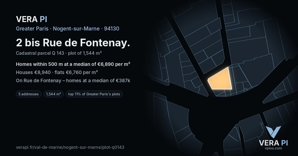 2 bis Rue de Fontenay, Nogent-sur-Marne at night – the plot lit, the parcels around coloured by the prices near them