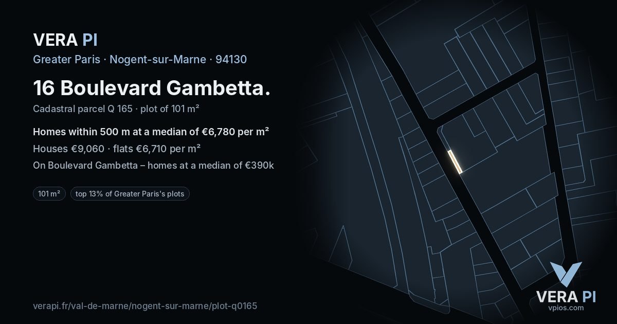 16 Boulevard Gambetta, Nogent-sur-Marne at night – the plot lit, the parcels around coloured by the prices near them