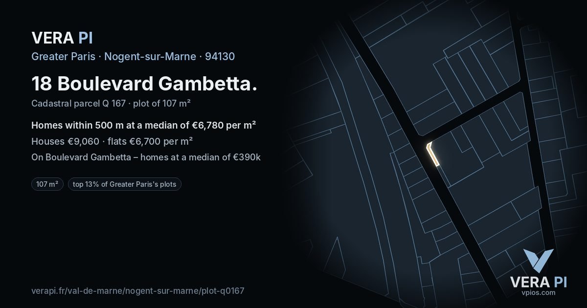 18 Boulevard Gambetta, Nogent-sur-Marne at night – the plot lit, the parcels around coloured by the prices near them