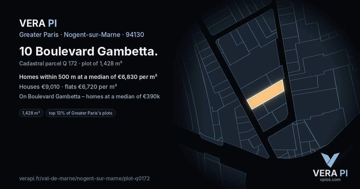 10 Boulevard Gambetta, Nogent-sur-Marne at night – the plot lit, the parcels around coloured by the prices near them