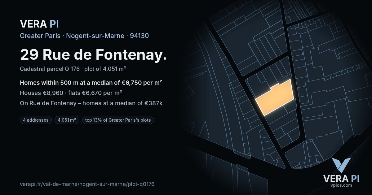29 Rue de Fontenay, Nogent-sur-Marne at night – the plot lit, the parcels around coloured by the prices near them