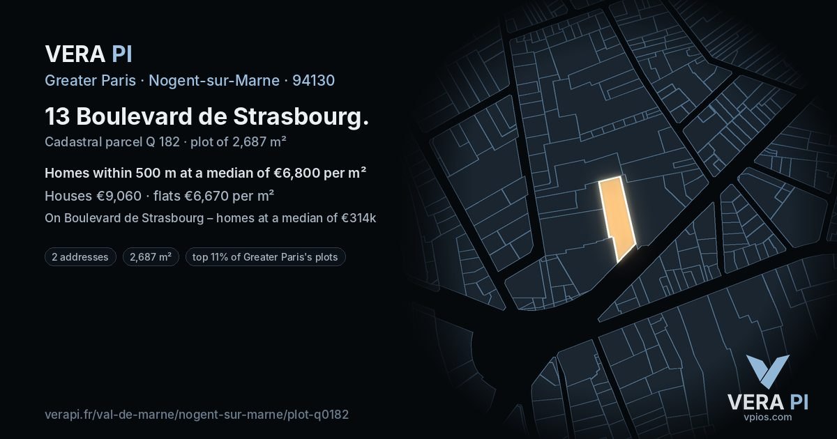 13 Boulevard de Strasbourg, Nogent-sur-Marne at night – the plot lit, the parcels around coloured by the prices near them