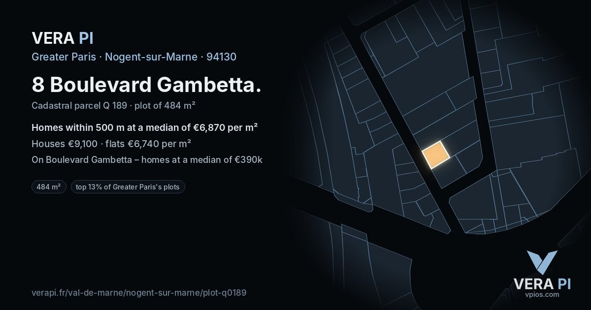 8 Boulevard Gambetta, Nogent-sur-Marne at night – the plot lit, the parcels around coloured by the prices near them