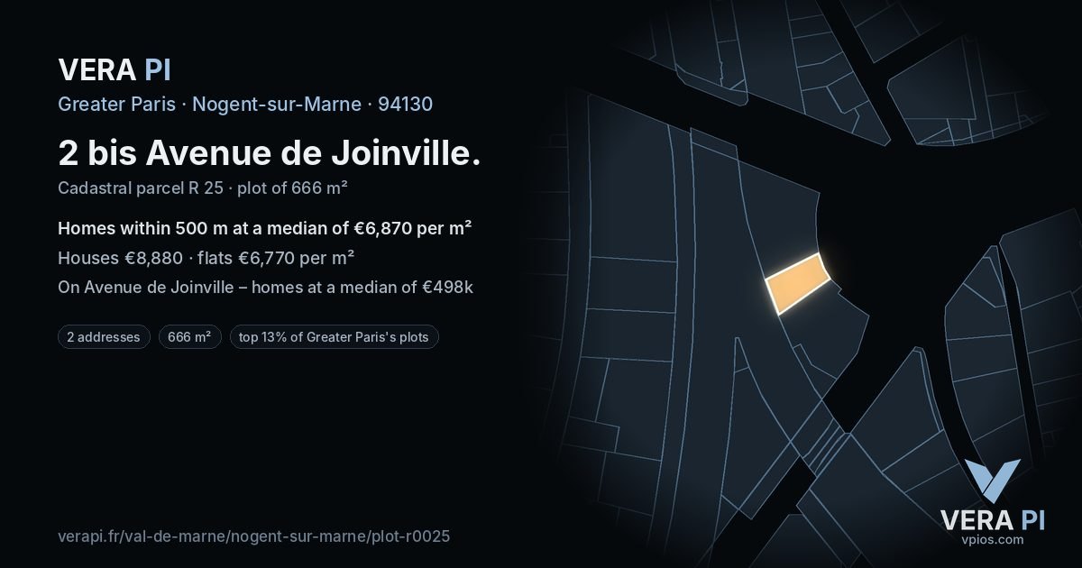 2 bis Avenue de Joinville, Nogent-sur-Marne at night – the plot lit, the parcels around coloured by the prices near them