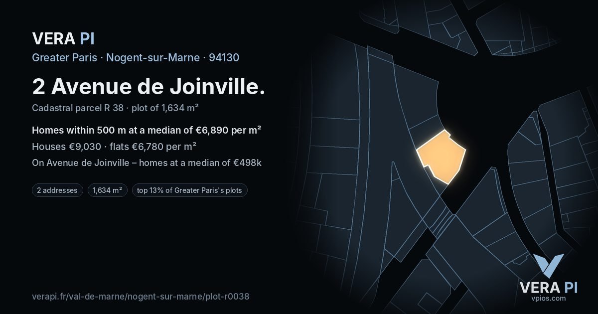 2 Avenue de Joinville, Nogent-sur-Marne at night – the plot lit, the parcels around coloured by the prices near them