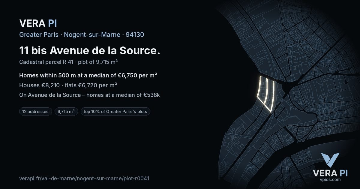 11 bis Avenue de la Source, Nogent-sur-Marne at night – the plot lit, the parcels around coloured by the prices near them