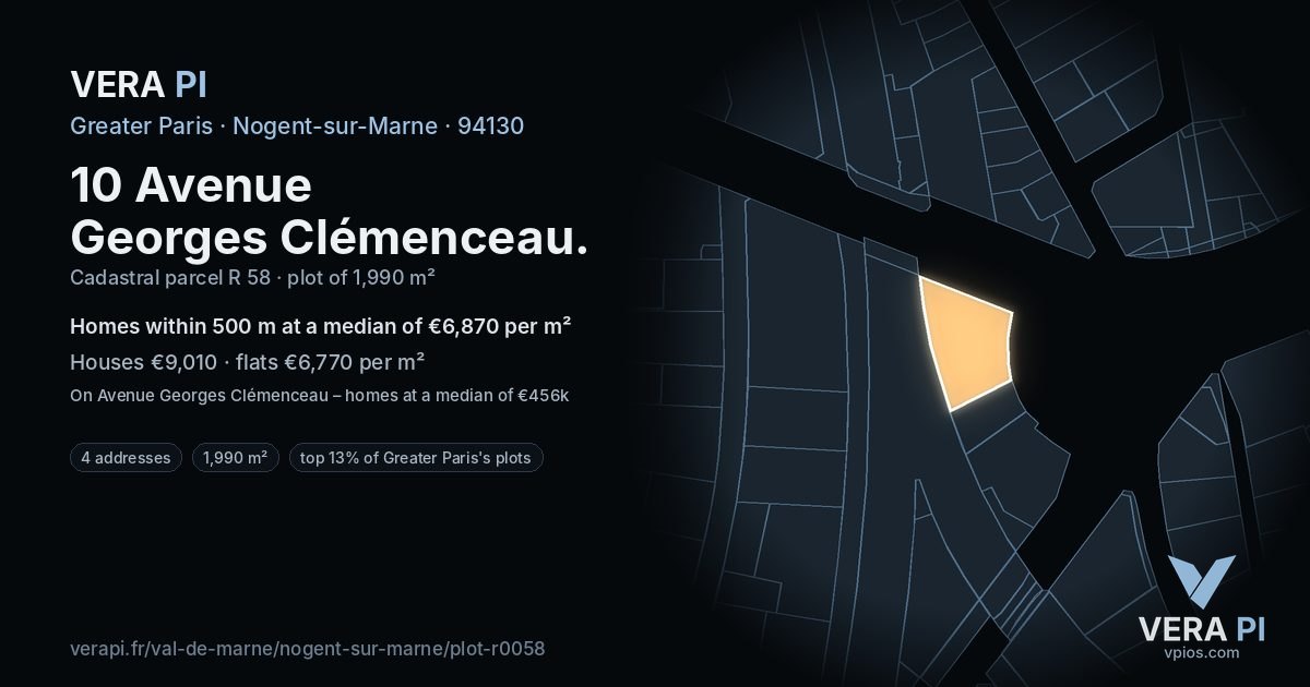 10 Avenue Georges Clémenceau, Nogent-sur-Marne at night – the plot lit, the parcels around coloured by the prices near them