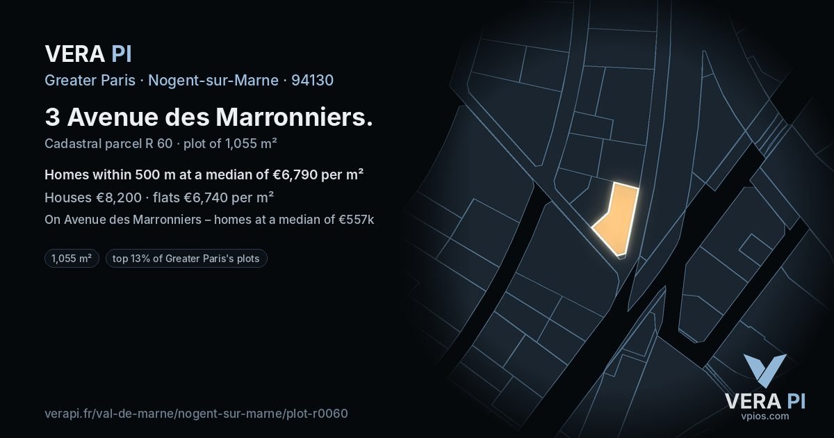 3 Avenue des Marronniers, Nogent-sur-Marne at night – the plot lit, the parcels around coloured by the prices near them