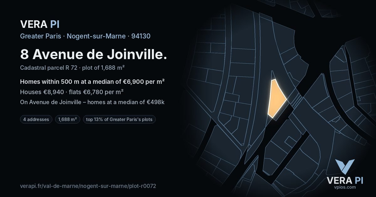 8 Avenue de Joinville, Nogent-sur-Marne at night – the plot lit, the parcels around coloured by the prices near them