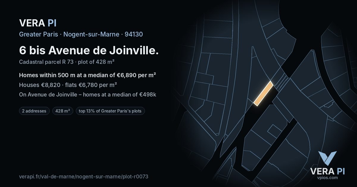 6 bis Avenue de Joinville, Nogent-sur-Marne at night – the plot lit, the parcels around coloured by the prices near them