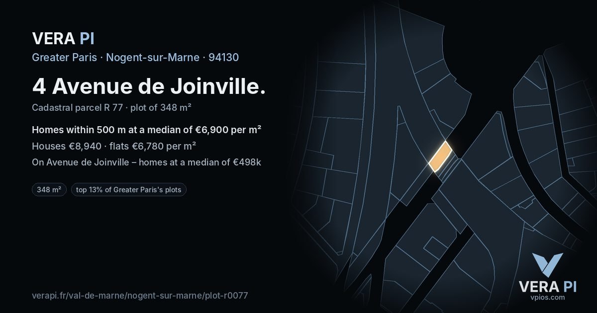 4 Avenue de Joinville, Nogent-sur-Marne at night – the plot lit, the parcels around coloured by the prices near them