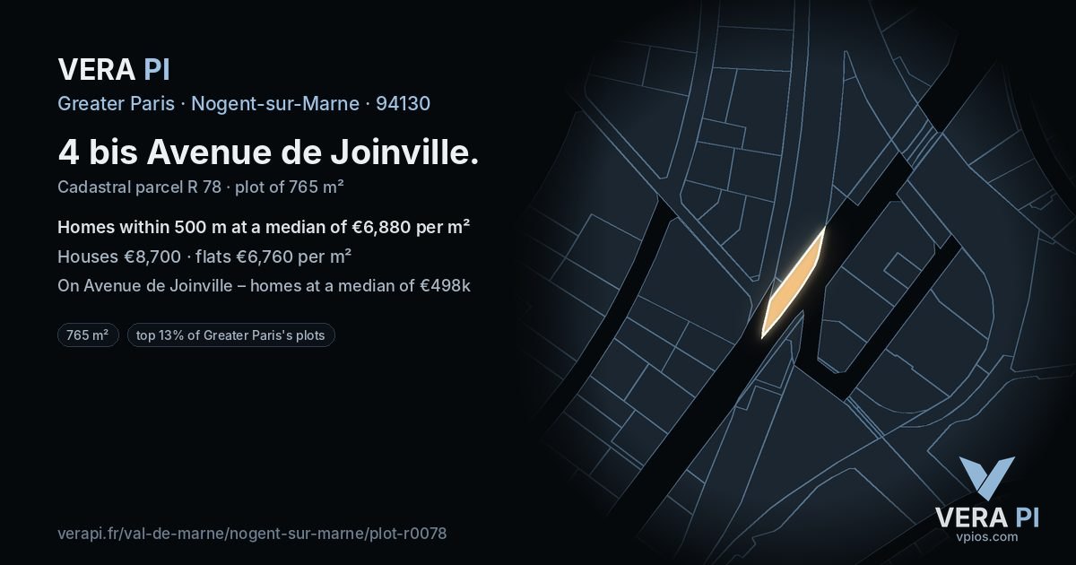 4 bis Avenue de Joinville, Nogent-sur-Marne at night – the plot lit, the parcels around coloured by the prices near them