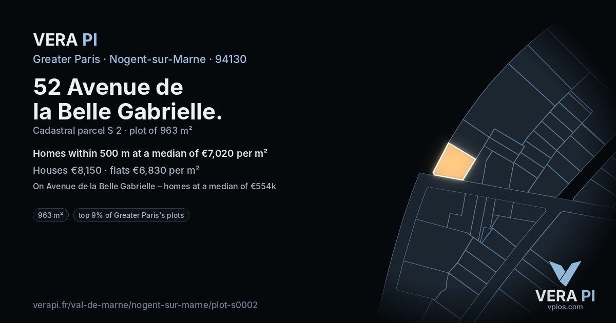 52 Avenue de la Belle Gabrielle, Nogent-sur-Marne at night – the plot lit, the parcels around coloured by the prices near them