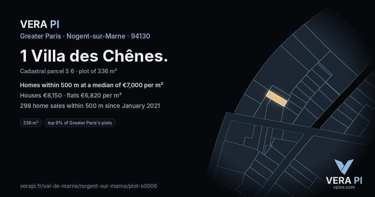 1 Villa des Chênes, Nogent-sur-Marne at night – the plot lit, the parcels around coloured by the prices near them