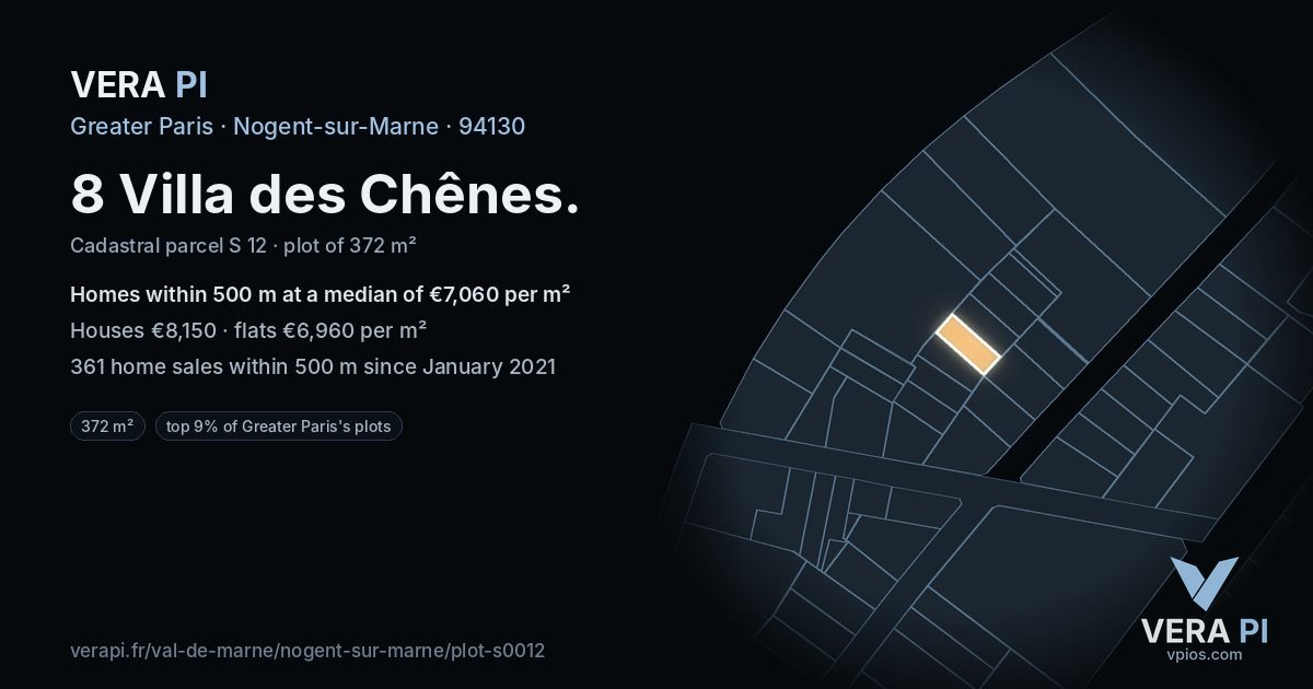 8 Villa des Chênes, Nogent-sur-Marne at night – the plot lit, the parcels around coloured by the prices near them