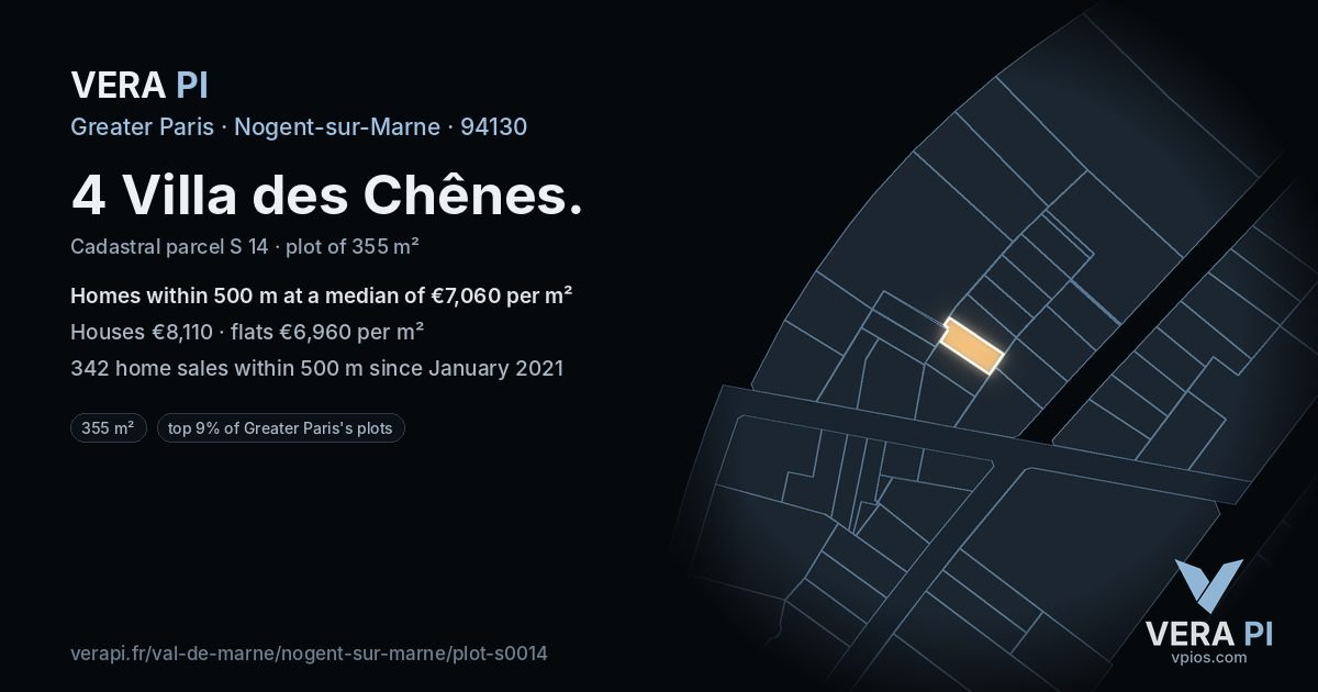 4 Villa des Chênes, Nogent-sur-Marne at night – the plot lit, the parcels around coloured by the prices near them