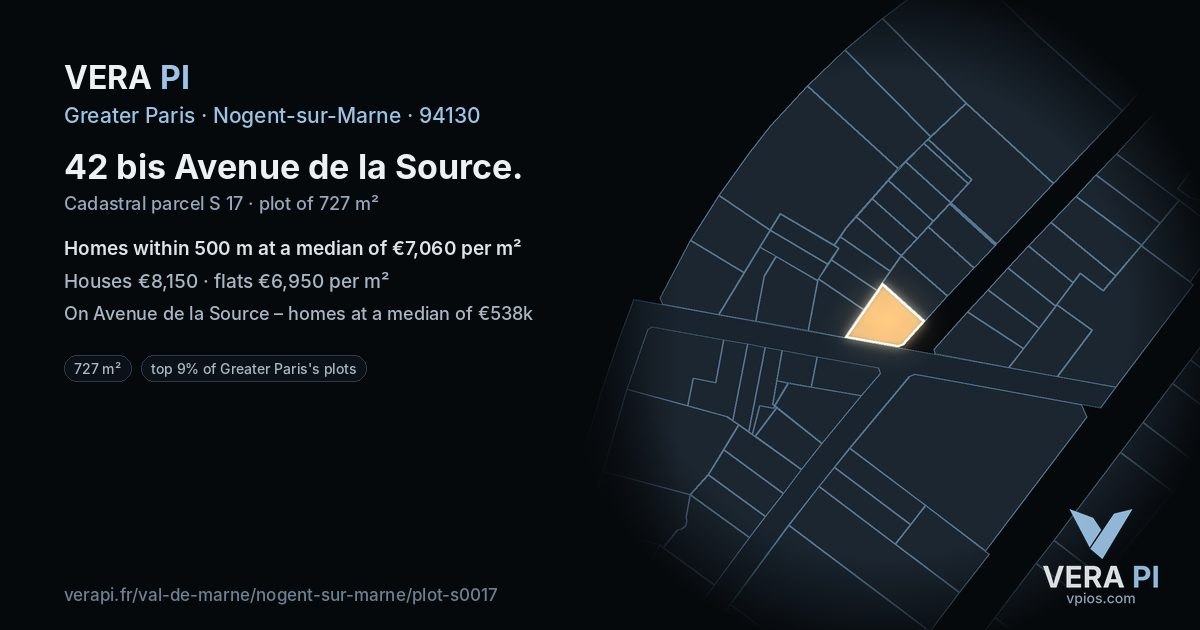 42 bis Avenue de la Source, Nogent-sur-Marne at night – the plot lit, the parcels around coloured by the prices near them