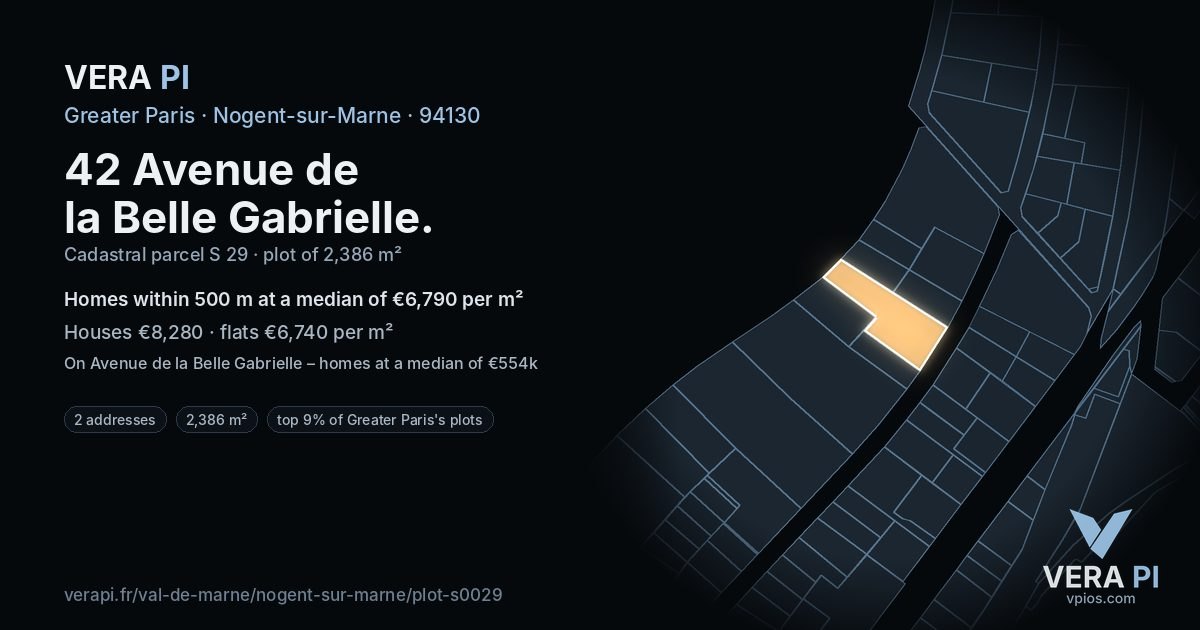 42 Avenue de la Belle Gabrielle, Nogent-sur-Marne at night – the plot lit, the parcels around coloured by the prices near them