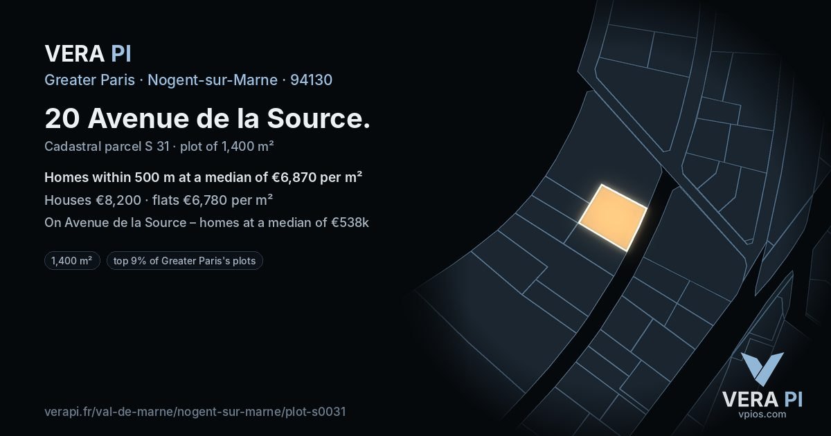 20 Avenue de la Source, Nogent-sur-Marne at night – the plot lit, the parcels around coloured by the prices near them