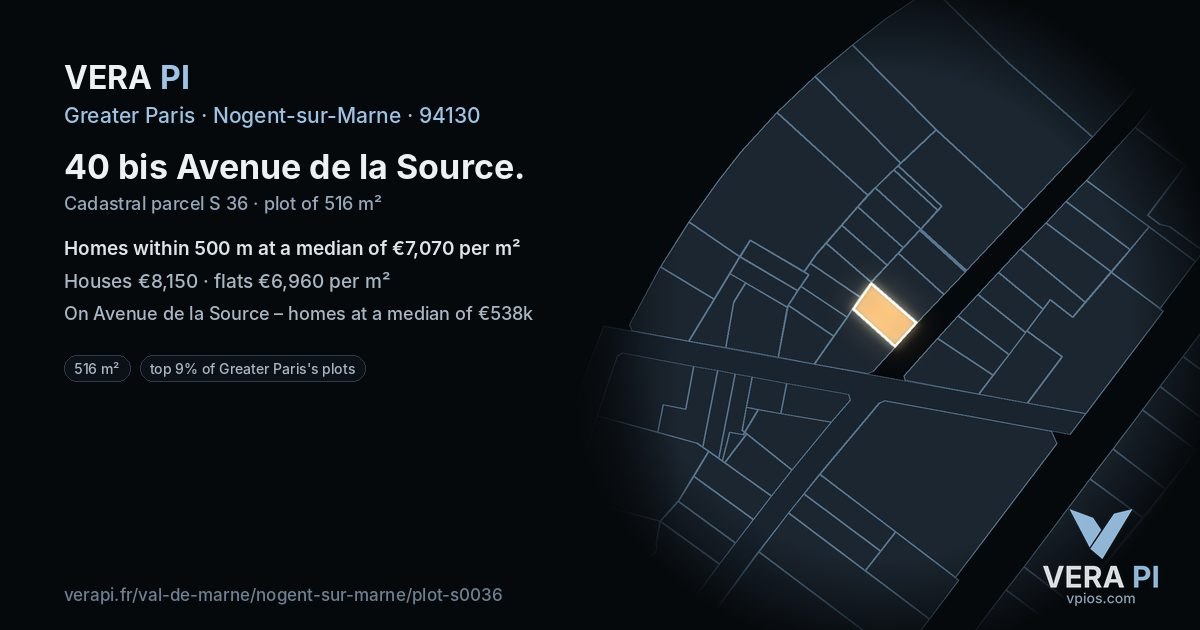 40 bis Avenue de la Source, Nogent-sur-Marne at night – the plot lit, the parcels around coloured by the prices near them