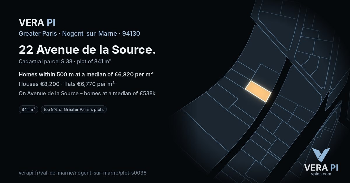 22 Avenue de la Source, Nogent-sur-Marne at night – the plot lit, the parcels around coloured by the prices near them