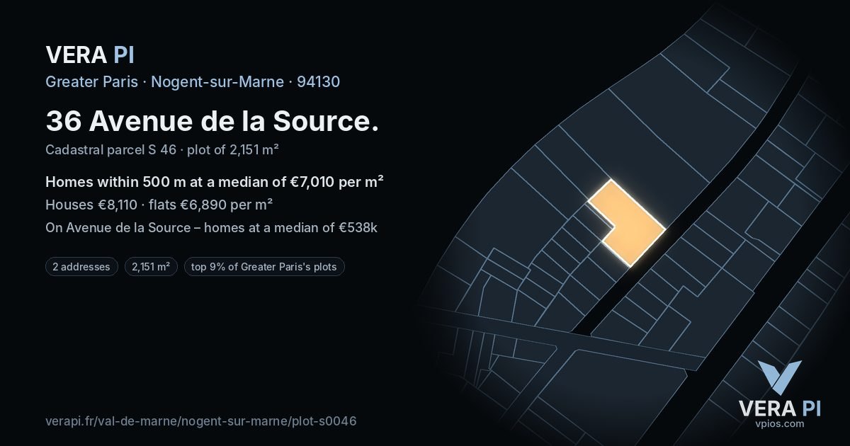 36 Avenue de la Source, Nogent-sur-Marne at night – the plot lit, the parcels around coloured by the prices near them